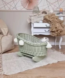 TinaForKids Puppenwiege Aus Weiden Mit Bettwäscheset, Puppenbett Grün/Weiß