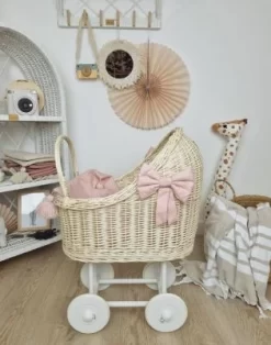 TinaForKids Puppenwagen Mit Bettwäscheset Aus Weiden Und Holz, Natur/Altrosa