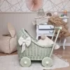 TinaForKids Puppenwagen Mit Bettwäscheset Aus Weiden Und Holz, Grün/Beige