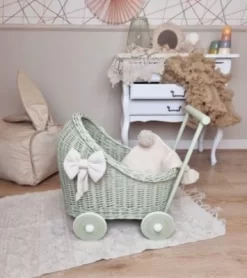 TinaForKids Puppenwagen Mit Bettwäscheset Aus Weiden Und Holz, Grün/Beige -Puppenwelt Verkauf 29721291 04