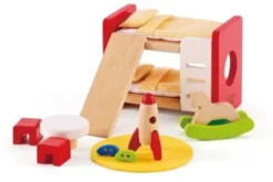 HAPE Holz Kinderzimmer Möbel | Detailgetreues Kinderzimmer Puppenhaus Möbelset Inklusive Stockbett, Tisch, Stühle Und Rakete